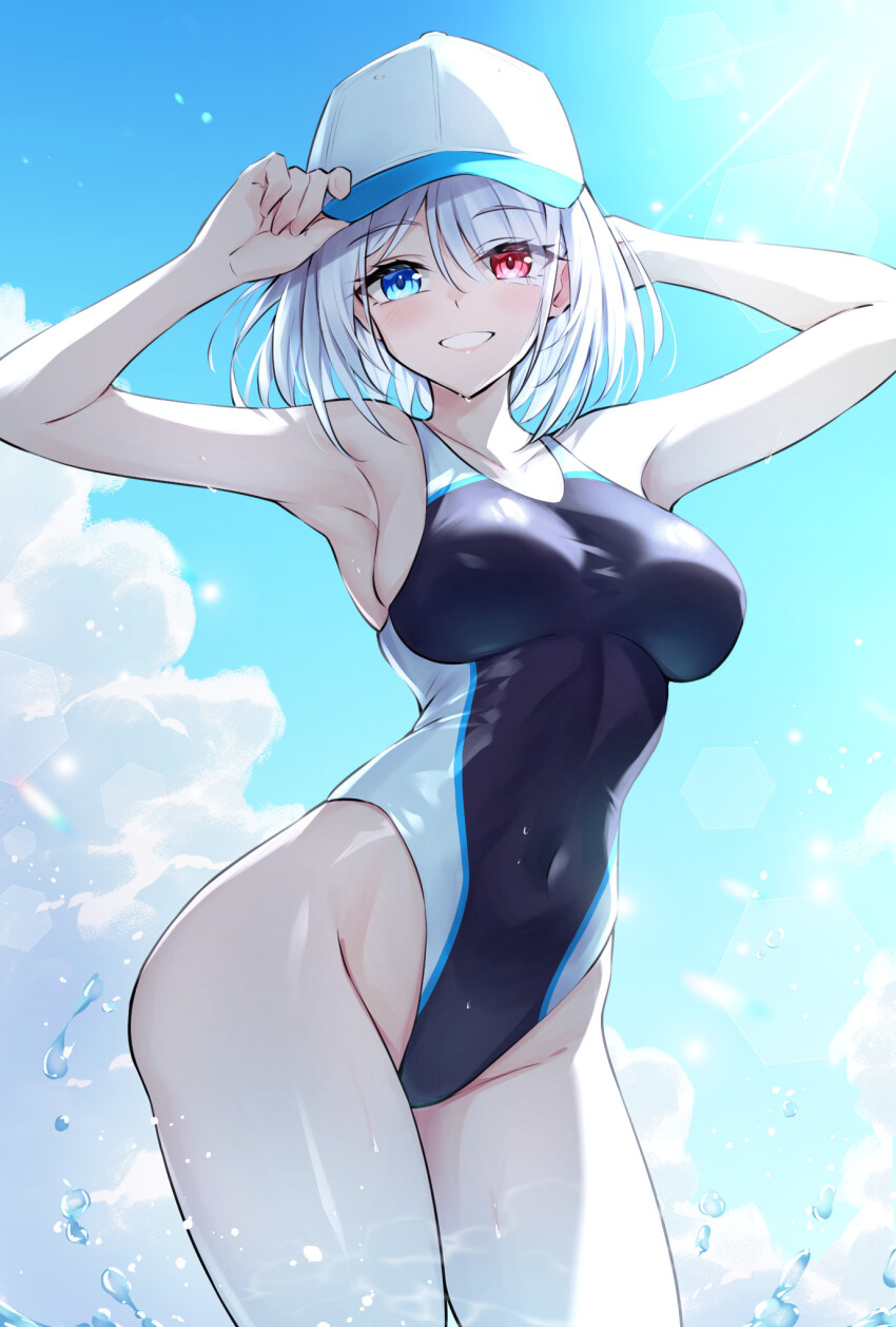 1girl, baseball_cap, beyblade, black_one-piece_swimsuit, blue_eyes, blue_sky, breasts, cloud
