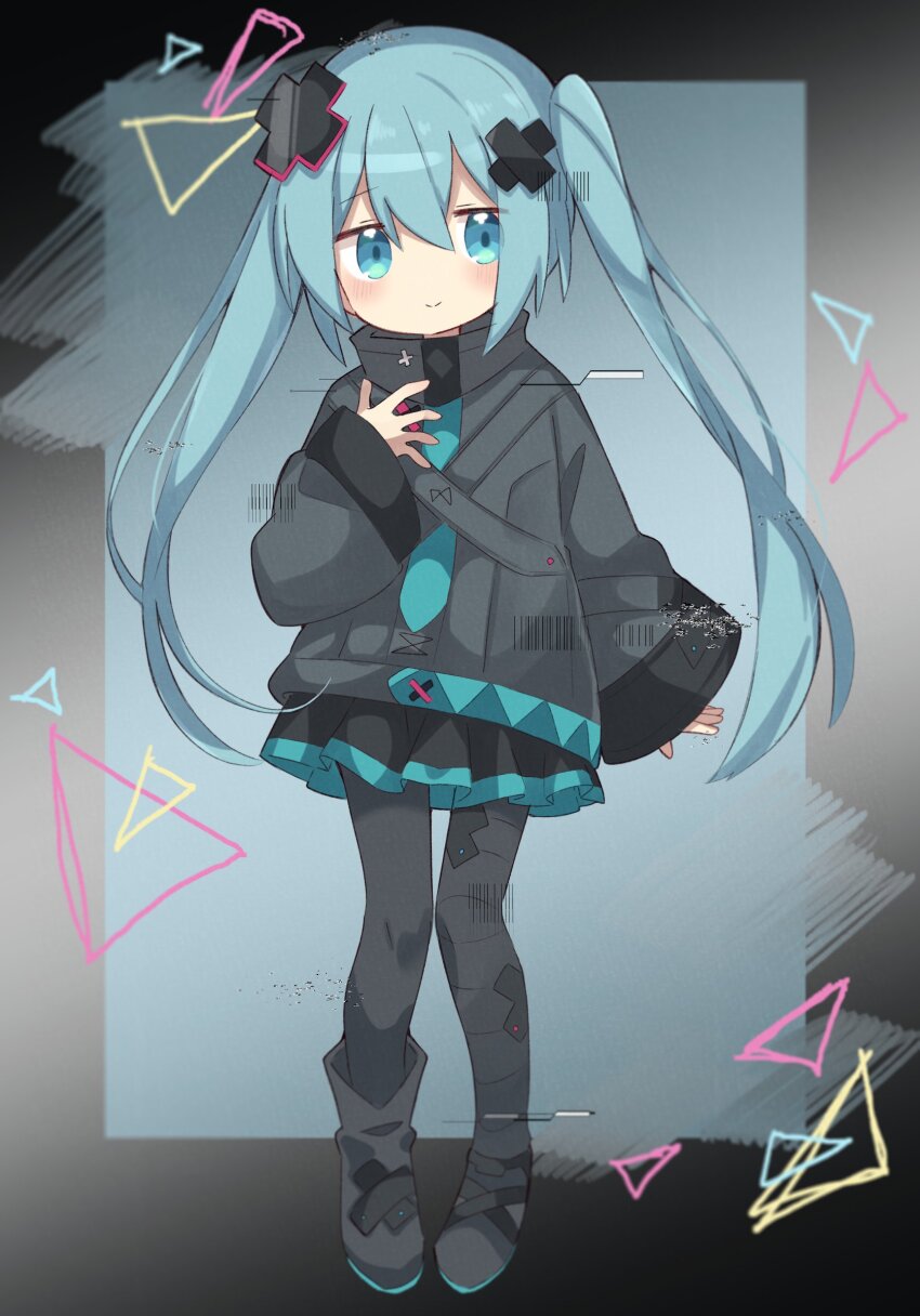 1girl, aqua_eyes, aqua_hair, bandaid, bandaid_on_leg, batsu_miku, black_boots, black_pantyhose