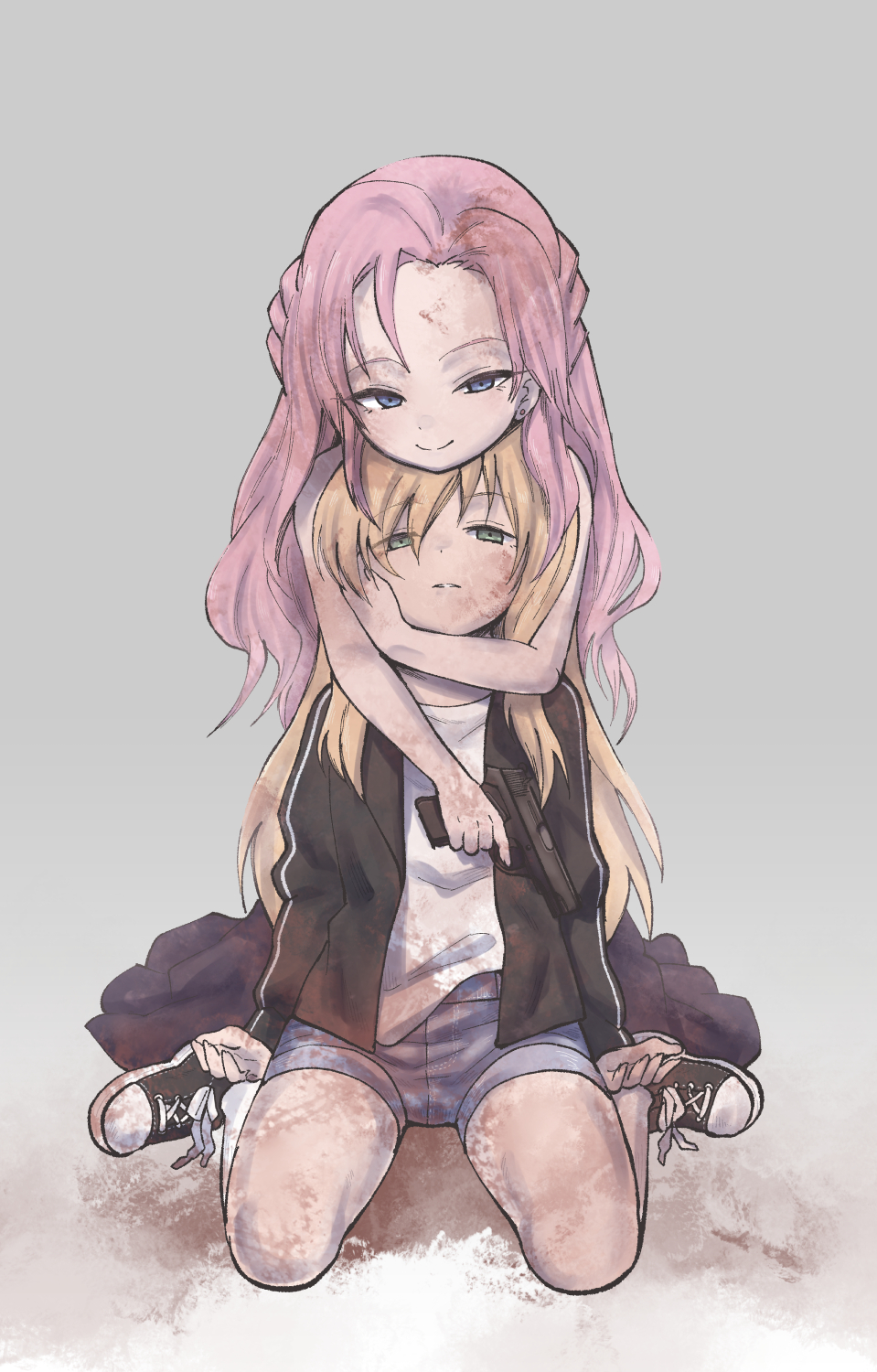 1boy, 1girl, beograd_metro_no_kodomotachi, black_jacket, blonde_hair, blue_eyes, chin_rest, closed_mouth