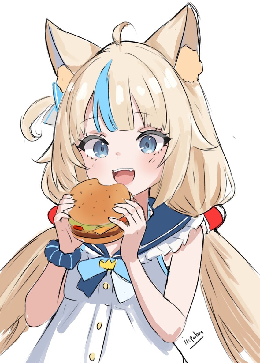1girl, animal_ear_fluff, animal_ears, blonde_hair, blue_eyes, blue_hair, bubblegumiiarts, burger