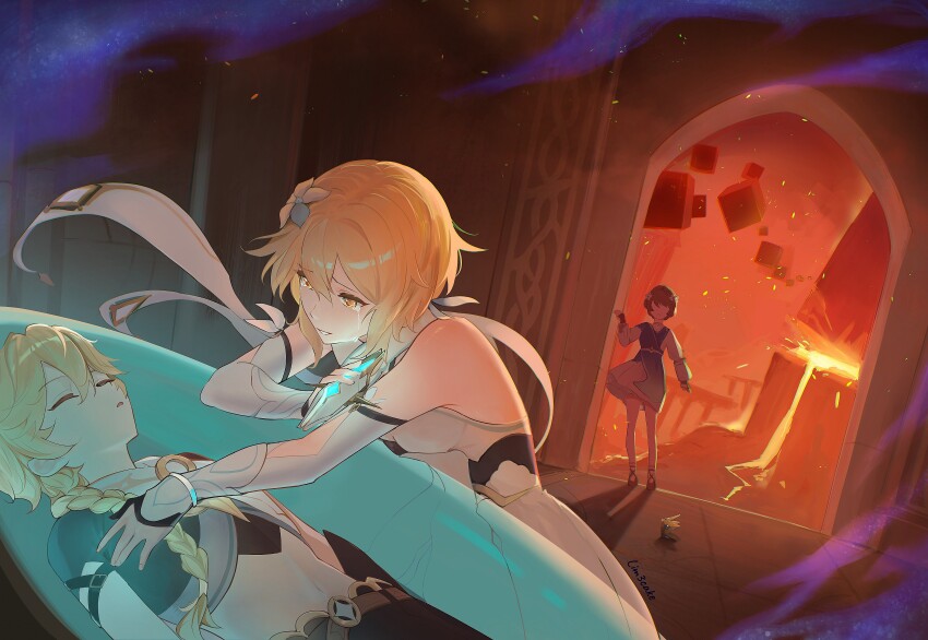 1boy, 2girls, absurdres, aether_(genshin_impact), against_glass, arm_rest, artist_name, black_gloves