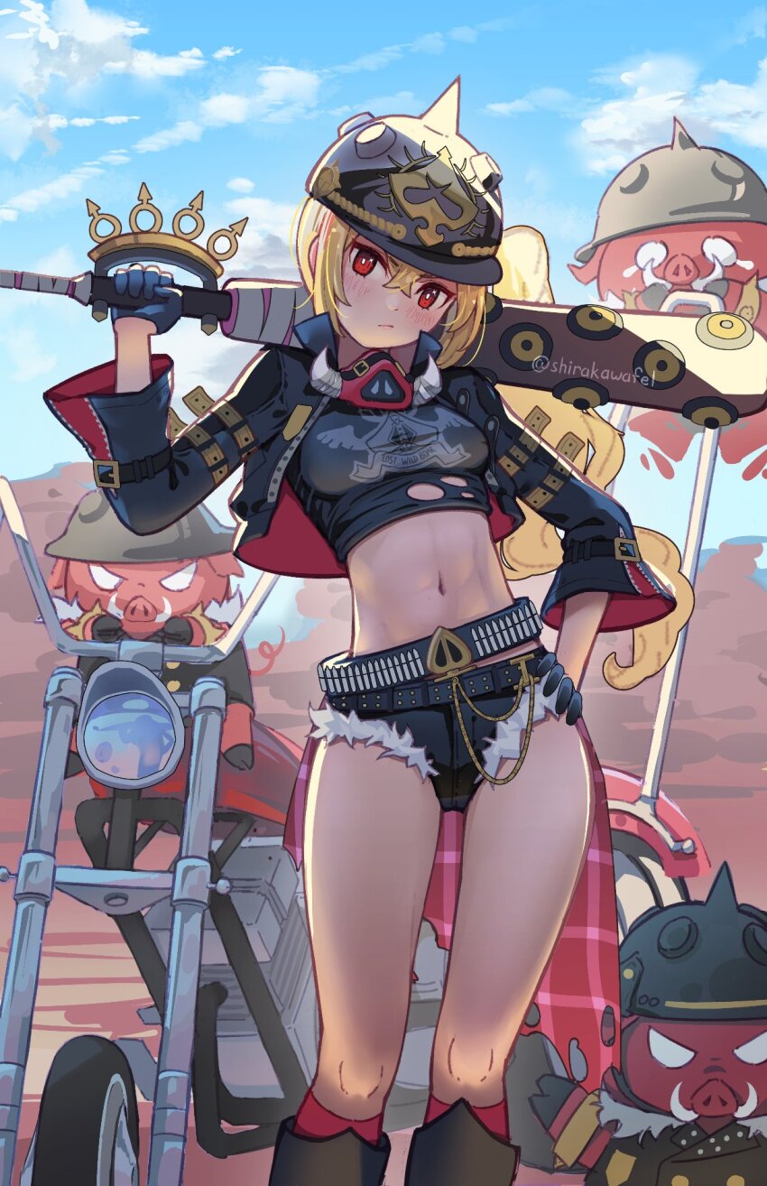 1girl, baseball_bat, black_gloves, black_helmet, black_jacket, black_shirt, black_shorts, blonde_hair, boar, combat_helmet, crop_top, fur-trimmed_shorts, fur_trim, gloves, helmet, highres, holding, holding_baseball_bat, jacket, long_hair, looking_at_viewer, luciana_de_montefio, lucy's_crew_(zenless_zone_zero), mask, mask_around_neck, metal_baseball_bat, micro_shorts, motor_vehicle, motorcycle, navel, pickelhaube, red_eyes, shirakawafel, shirt, shorts, side_ponytail, zenless_zone_zero