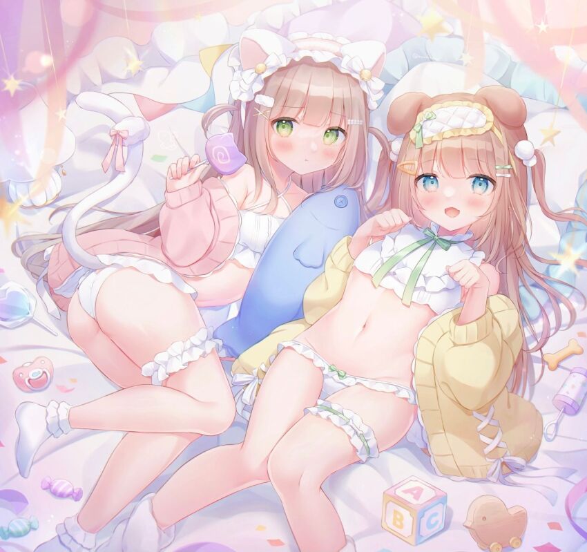2girls, :d, alphabet_blocks, animal_ear_hairband, animal_ears, blue_eyes, blush, bobby_socks, bone, bow, bow_panties, bra, brown_hair, candy, cardigan, cat_ears, cat_girl, cat_tail, closed_mouth, commentary_request, criss-cross_halter, cropped_shirt, dog_ears, dog_girl, eye_mask, fake_animal_ears, food, frilled_hairband, frilled_panties, frilled_thigh_strap, frills, full_body, green_eyes, groin, hair_ornament, hairband, hairclip, halterneck, head_on_pillow, highres, holding, holding_candy, holding_food, holding_lollipop, lollipop, long_hair, long_sleeves, looking_at_viewer, lying, mask, mask_on_head, midriff, multiple_girls, navel, neck_ribbon, omochi_monaka, on_back, on_side, open_cardigan, open_clothes, open_mouth, original, pacifier, panties, pillow, pink_cardigan, pom_pom_(clothes), pom_pom_hair_ornament, ribbon, shirt, smile, socks, star_(symbol), stuffed_animal, stuffed_fish, stuffed_toy, tail, tail_scrunchie, thigh_strap, two_side_up, underwear, very_long_hair, white_bra, white_panties, white_shirt, white_socks, x_hair_ornament, yellow_cardigan, yume_kawaii