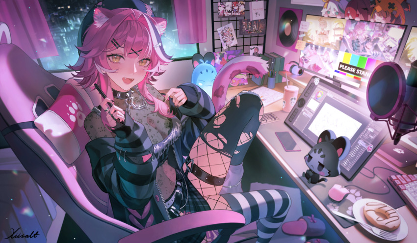 1girl, animal_ears, arms_up, beret, black_hair, black_hat, black_jacket, black_shirt