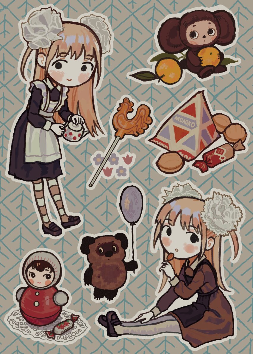 2girls, 2others, :o, apron, balloon, bikini, black_dress, black_eyes, black_shoes, blonde_hair, blush, candy, cheburashka, collared_dress, commentary, cookie, deformed, dessert, dress, drink_carton, dual_persona, english_commentary, food, frilled_apron, frills, fruit, gena_the_crocodile_and_his_friends, grey_pantyhose, hair_ornament, hair_scrunchie, hand_up, highres, holding, holding_balloon, holding_candy, holding_food, holding_fruit, holding_lollipop, holding_teapot, io_(onisarashi), loafers, lollipop, long_sleeves, looking_at_viewer, milk_carton, multiple_girls, multiple_others, nika_(flesh_blood_&amp;_concrete), orange_bikini, outline, pantyhose, patterned_background, pooh, pooh_(soyuzmultfilm), roly-poly_toy, school_uniform, scrunchie, shaped_lollipop, shoes, sitting, smile, soviet_school_uniform, striped_clothes, striped_pantyhose, swimsuit, teapot, toy, two_side_up, white_apron, white_outline, white_scrunchie, winnie_the_pooh
