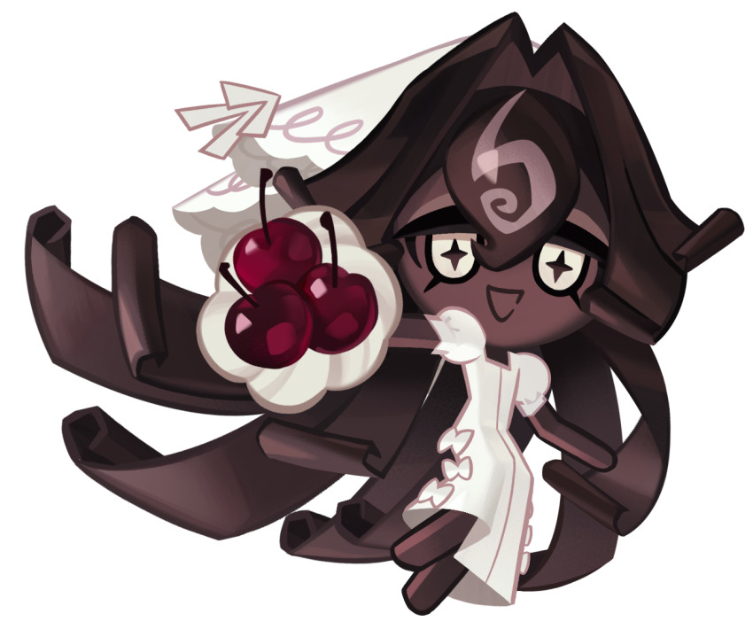 1girl, black_forest_cookie, bouquet, bridal_veil, bride, brown_hair, cherry, chocolate