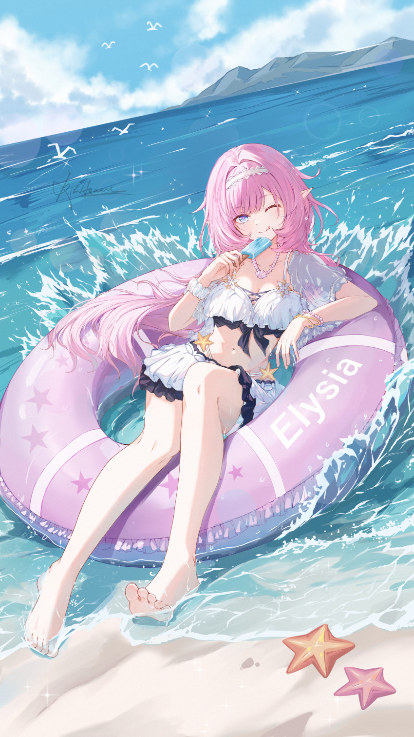 1girl, ;), absurdres, afloat, barefoot, beach, bikini, blue_eyes, blue_sky, breasts, character_name, chinese_commentary, cleavage, commentary_request, elf, elysia_(honkai_impact), elysia_(miss_pink_elf)_(honkai_impact), elysia_(summer_miss_elf)_(honkai_impact), feet, food, hairband, highres, holding, holding_food, holding_popsicle, honkai_(series), honkai_impact_3rd, innertube, jewelry, large_breasts, licking_lips, navel, necklace, neet_(jdud2284), ocean, official_alternate_costume, one_eye_closed, outdoors, pink_hair, pointy_ears, popsicle, shell, shell_necklace, sky, smile, soles, solo, starfish, stomach, swim_ring, swimsuit, toes, tongue, tongue_out, white_bikini, white_hairband
