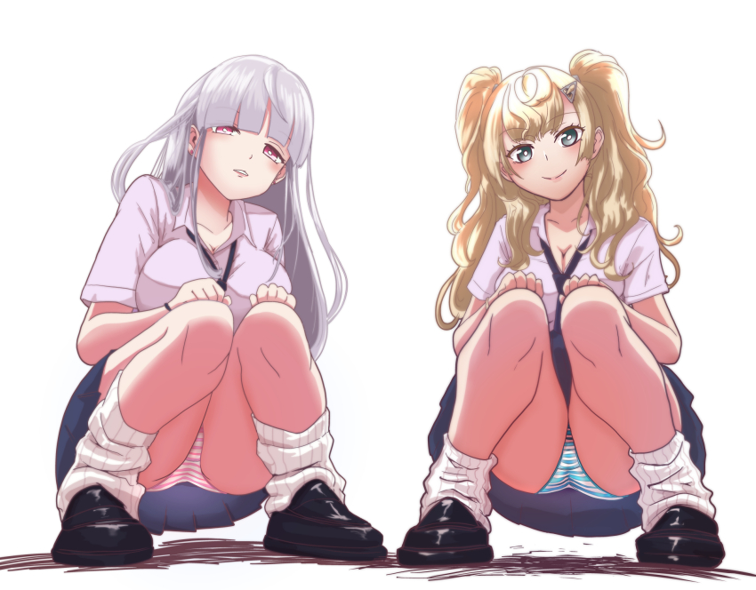 2girls, alternate_costume, ass, black_shoes, blonde_hair, blue_skirt, blunt_bangs, breasts, brown_eyes, collared_shirt, commentary_request, dress_shirt, grey_eyes, grey_hair, hair_between_eyes, hair_ornament, hairclip, highres, kantai_collection, kirov_(kancolle), large_breasts, loafers, long_hair, looking_at_viewer, loose_socks, miniskirt, minneapolis_(kancolle), multiple_girls, panties, pantyshot, pleated_skirt, school_uniform, shirt, shoes, short_sleeves, simple_background, skirt, smile, socks, squatting, striped_clothes, striped_panties, tsun'ichi_(tsun1), two_side_up, underwear, wavy_hair, white_background, white_shirt, white_socks