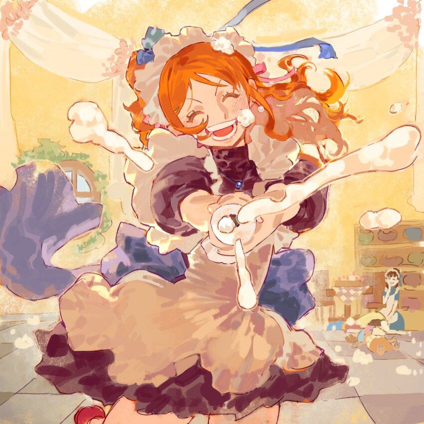 1boy, 2girls, antlers, apron, back_ribbon, black_dress, blue_ribbon, closed_eyes