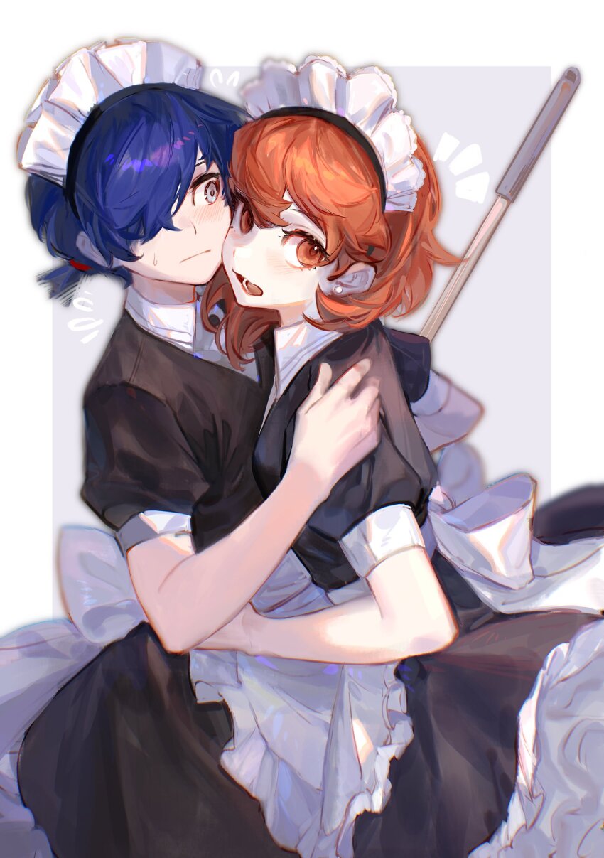 1boy, 1girl, apron, back_ribbon, black_dress, blue_hair, blush, border