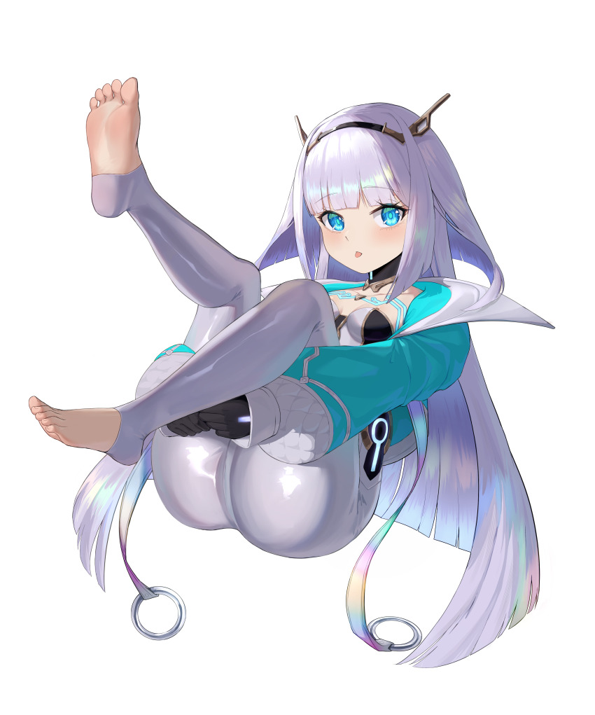 1girl, :p, absurdres, ace_(shadowverse), barefoot, blue_eyes, feet, highres, light_blush, long_hair, looking_at_viewer, shadowverse, soles, toeless_legwear, toes, tongue, tongue_out, white_hair, yi_lucid