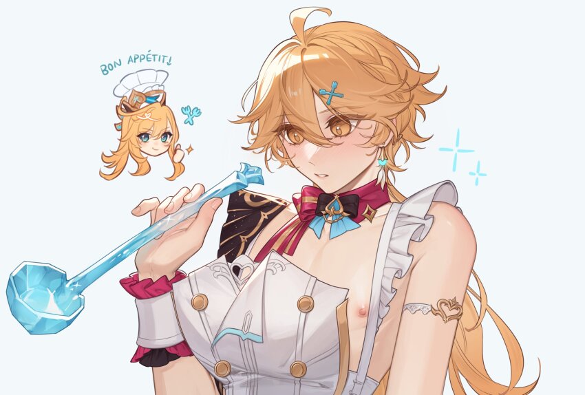 1boy, 1girl, aether_(genshin_impact), ahoge, alternate_hairstyle, bare_shoulders, blonde_hair, blue_eyes