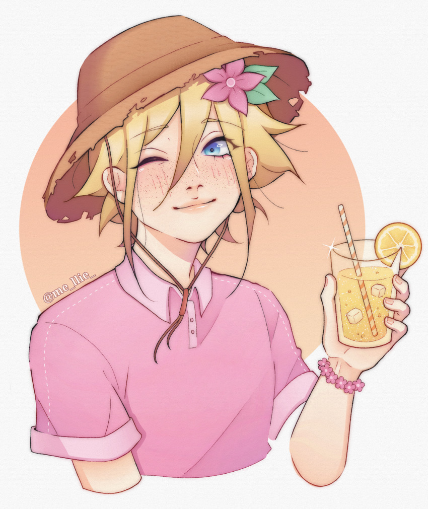 1boy, alternate_costume, basil_(faraway)_(omori), basil_(omori), blonde_hair, blue_eyes, blush, bracelet