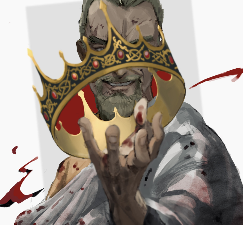 1boy, askeladd, beard, blonde_hair, blood, blood_on_clothes, blood_on_face, blood_on_hands, crown, eshino_makiya00, facial_hair, gem, gold_crown, hand_up, highres, looking_at_viewer, male_focus, mustache, one_eye_covered, outstretched_arm, outstretched_hand, pointed_crown, robe, solo, teeth, upper_body, vinland_saga, white_robe, widow's_peak