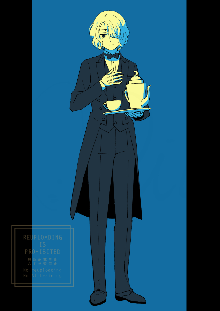 1boy, bow, bowtie, butler, chelonica_(famiresu_wo_kyouju_seyo), commentary_request, cup, famiresu_wo_kyouju_seyo, gloves, hair_over_one_eye, highres, holding, holding_tray, mia960, mole, mole_under_eye, simple_background, solo, teacup, tray