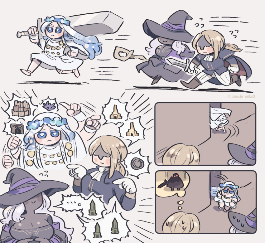 3girls, bell_bearing_hunter_(elden_ring), blindfold_mask, blonde_hair, chibi, duchess_(elden_ring), elden_ring, elden_ring_nightreign, greatsword, holding, holding_staff, holding_sword, holding_weapon, mask, multiple_girls, omochi_anko3, recluse_(elden_ring), revenant_(elden_ring), running, staff, sweat, sword, weapon