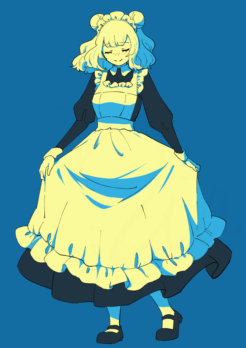 1girl, alternate_costume, apron, blue_background, chenes_(famiresu_wo_kyouju_seyo), closed_eyes, commentary_request, double_bun