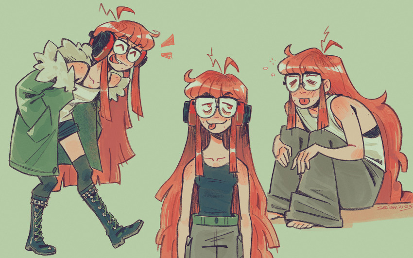 1girl, ^_^, absurdres, ahoge, black-framed_eyewear, black_boots, black_tank_top, black_thighhighs