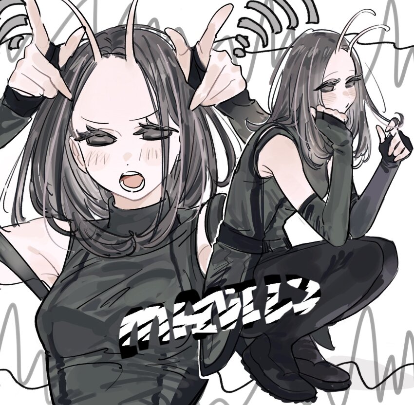 1girl, animification, antennae, armpits, arms_up, bare_shoulders, belt, black_belt