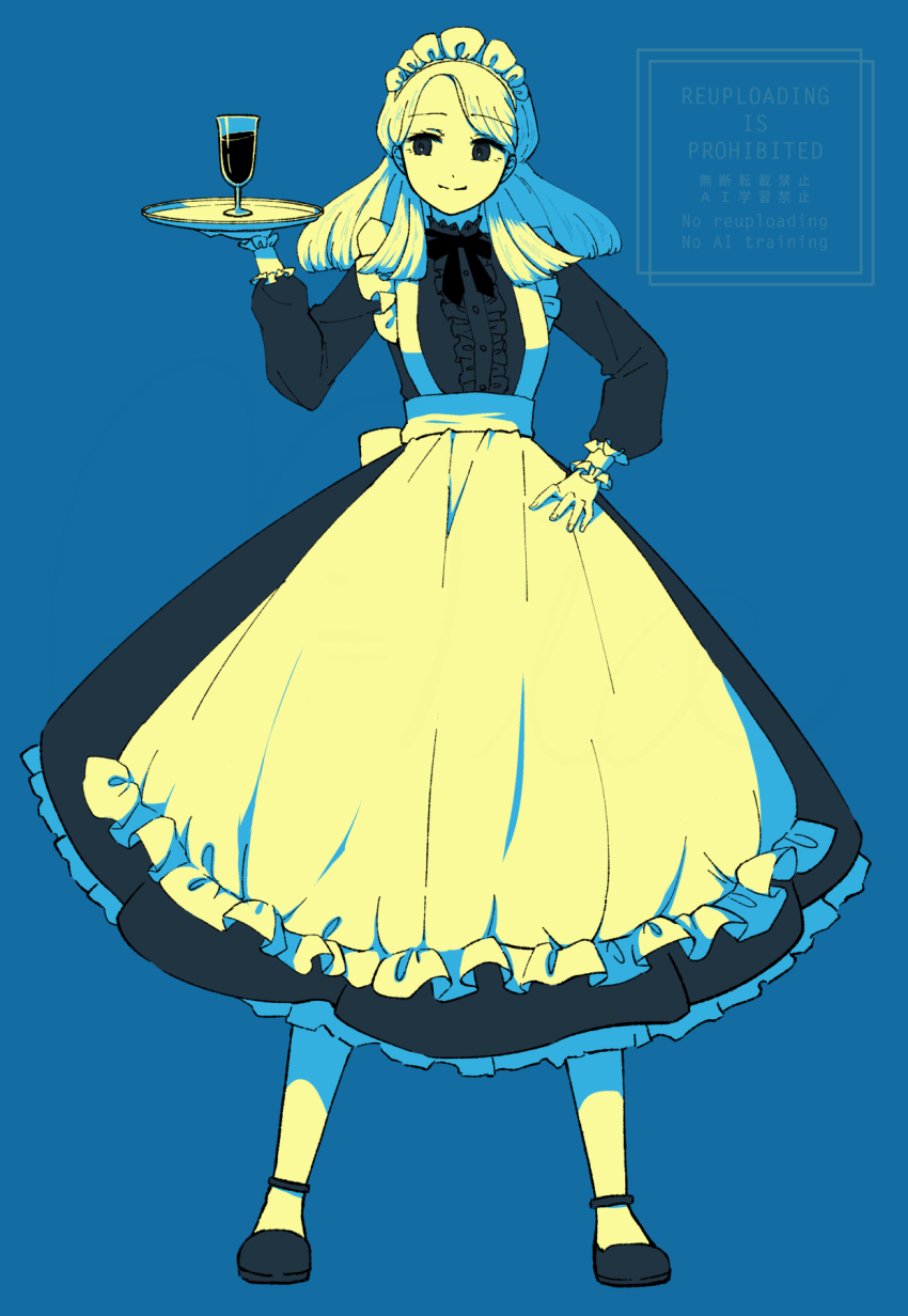 1girl, alternate_costume, apron, blue_background, commentary_request, cup, enmaided, famiresu_wo_kyouju_seyo, glasspan_(famiresu_wo_kyouju_seyo), highres, holding, holding_tray, maid, maid_apron, maid_headdress, mia960, simple_background, smile, solo, tray