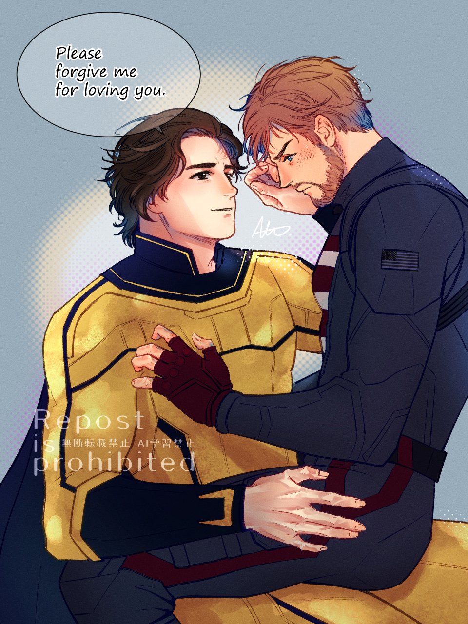 2boys, alternate_hair_color, american_flag, american_flag_print, animification, beard, belt, black_belt