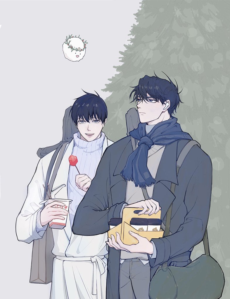 2boys, bag, biyoo_(omniscient_reader's_viewpoint), black_coat, black_hair, blue_eyes, blue_scarf, candy