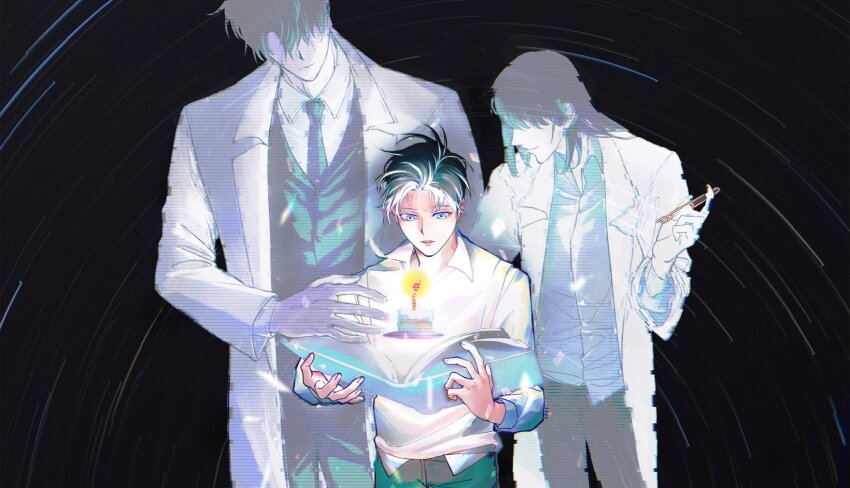 1girl, 2boys, age_difference, birthday_cake, black_background, black_hair, black_necktie, black_vest