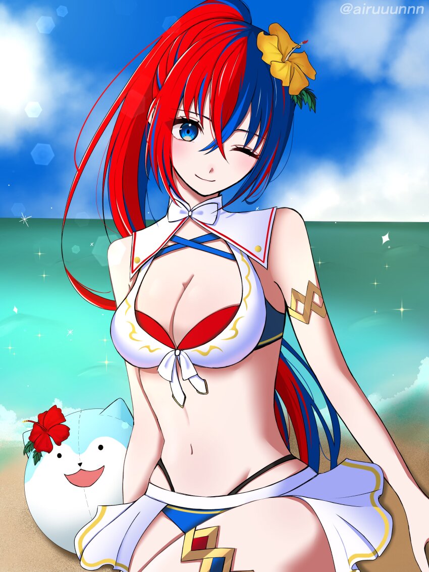 1girl, absurdres, armlet, arururunnnn, bikini, blue_bikini, blue_eyes, blue_hair