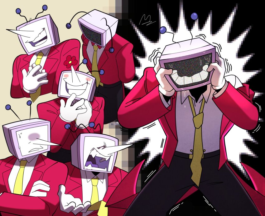 1boy, ant_tenna, arms_behind_back, black_pants, blush_stickers, clutching_head, collared_shirt, crt