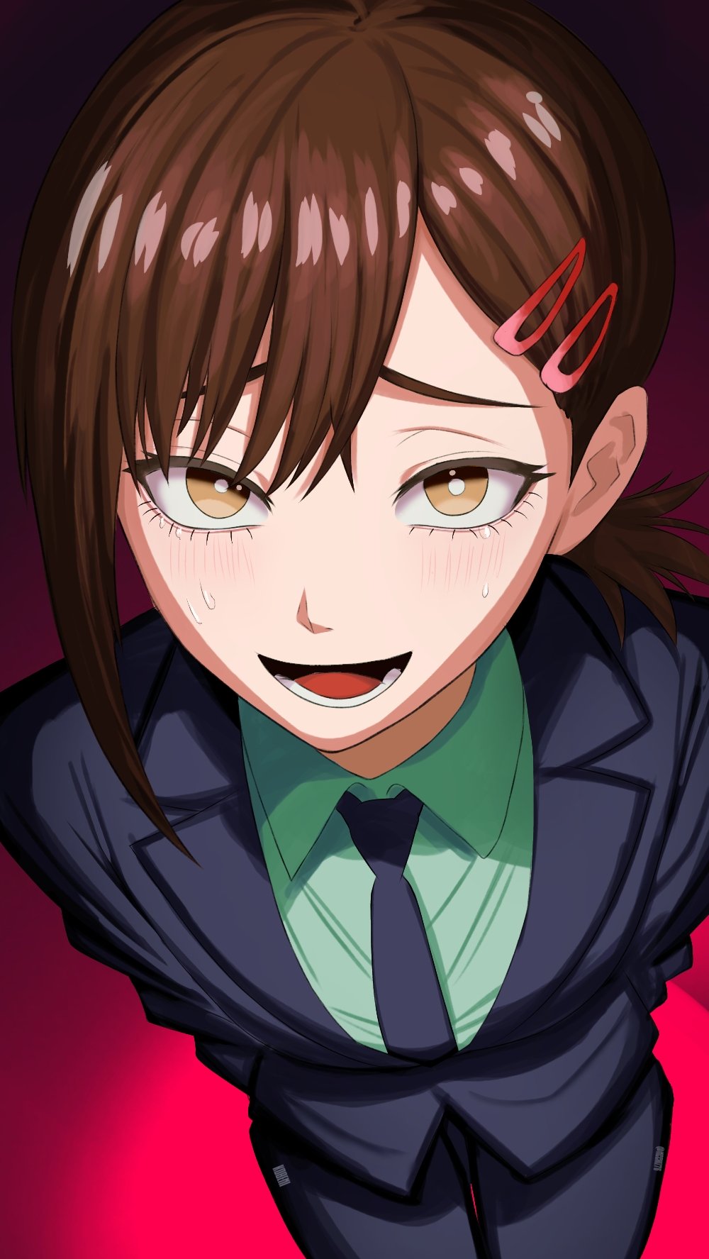 1girl, black_jacket, brown_hair, chainsaw_man, collared_shirt, commentary, english_commentary, formal_clothes