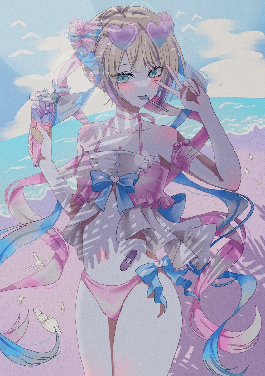 1girl, bandaged_arm, bandages, bandaid_on_stomach, beach, bikini, blonde_hair, blue_eyes