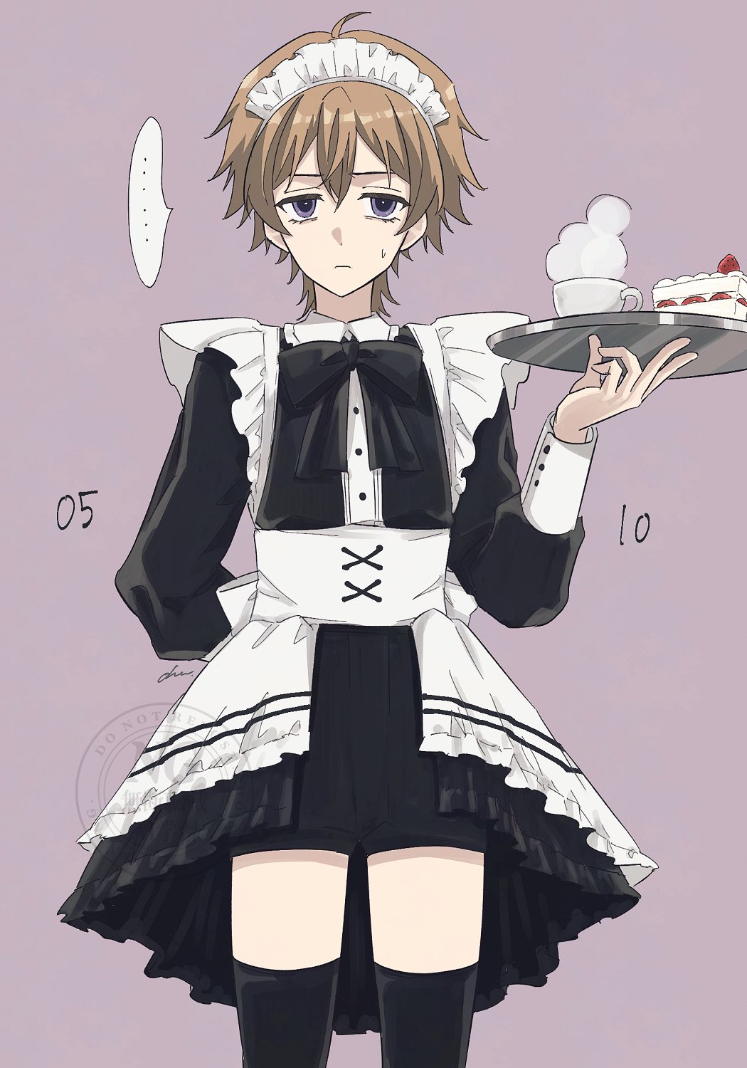 ..., 1boy, apron, arms_behind_back, black_bow, black_bowtie, black_dress, black_thighhighs
