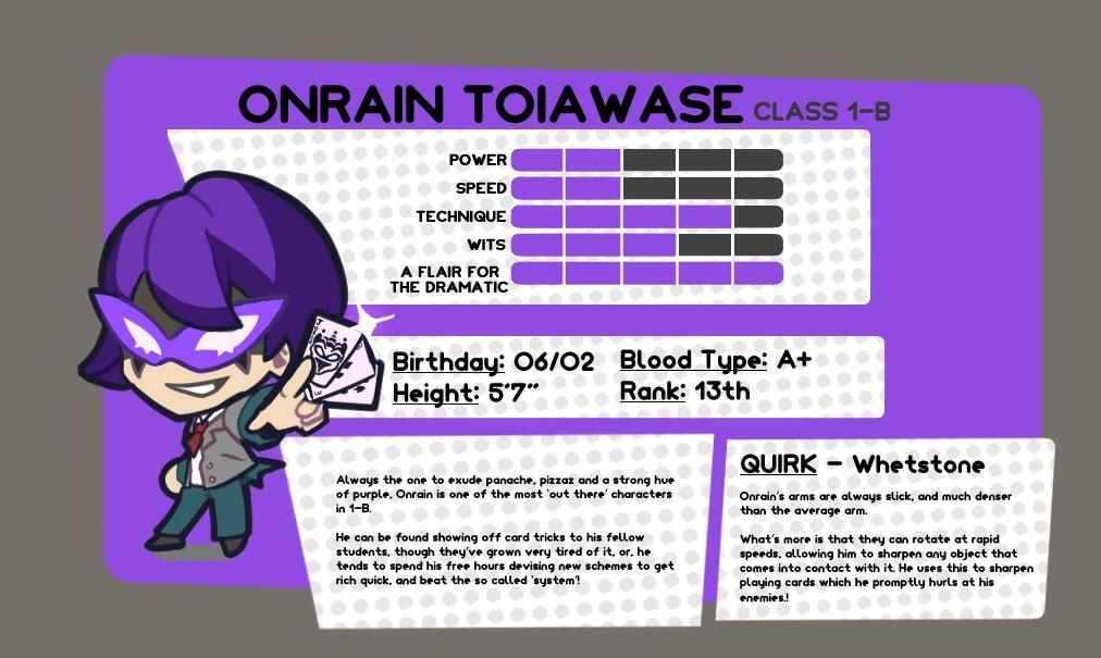 1boy, boku_no_hero_academia, brown_shoes, card, chibi, collared_shirt, commentary, covered_eyes, english_commentary, english_text, green_pants, grey_jacket, jacket, necktie, original, pants, playing_card, purple_hair, purple_mask, red_necktie, redringo188, school_uniform, shirt, shoes, solo, stats, u.a._school_uniform, white_shirt