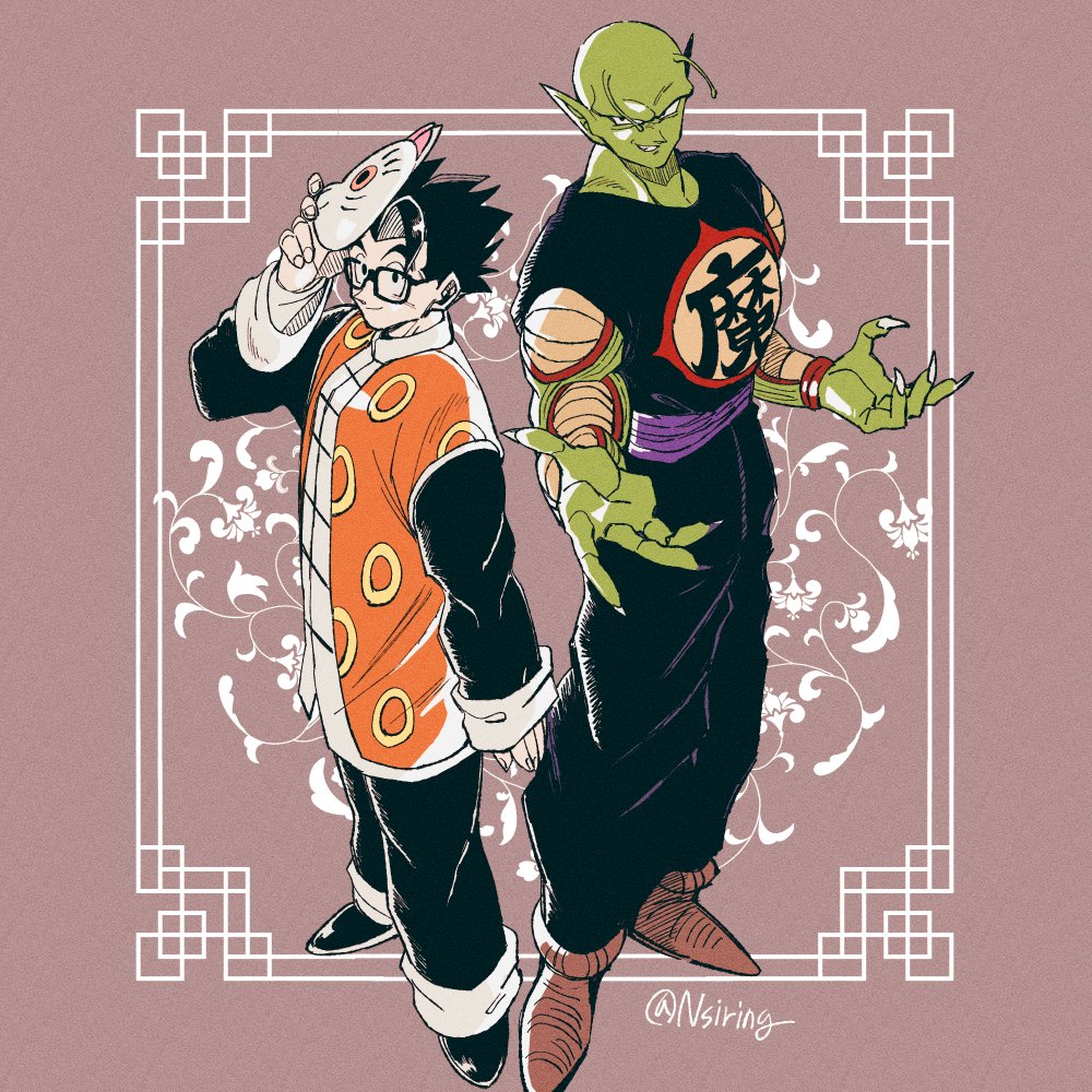 2boys, alien, antennae, black-framed_eyewear, black_eyes, black_hair, black_shoes, brown_shoes