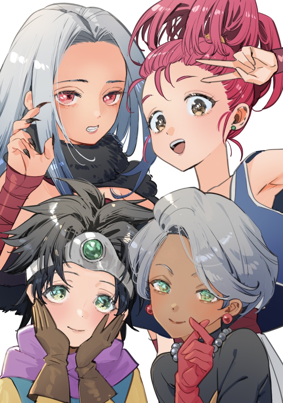 4girls, :d, ajpp6, arm_wrap, black_hair, black_nails, black_scarf, black_shirt