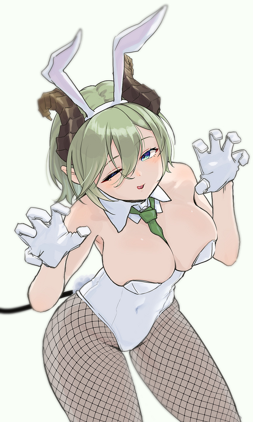 1girl, alternate_costume, animal_ears, between_breasts, blue_eyes, breasts, brown_horns, claw_pose