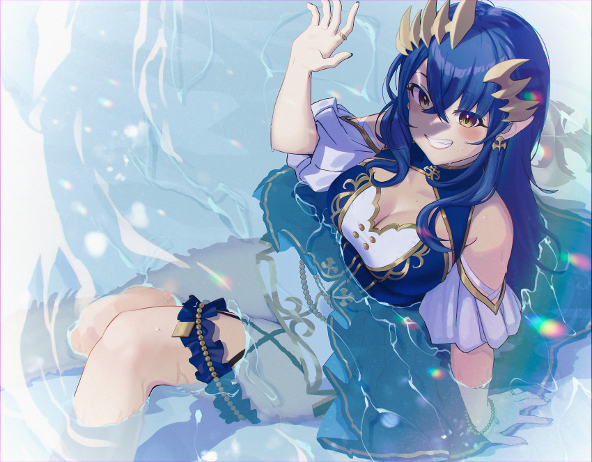 1girl, absurdres, blue_dress, blue_hair, breasts, brown_horns, cleavage, commentary_request