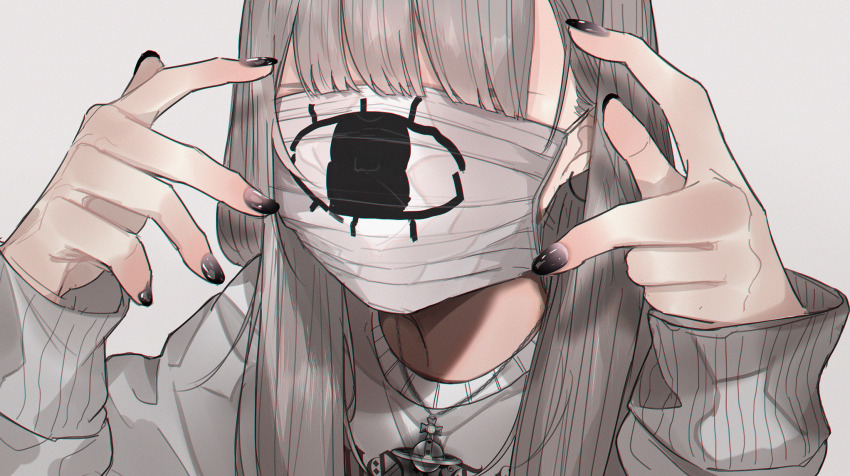 1girl, black_nails, covered_face, cross, cross_necklace, eye_print, fingernails, grey_background