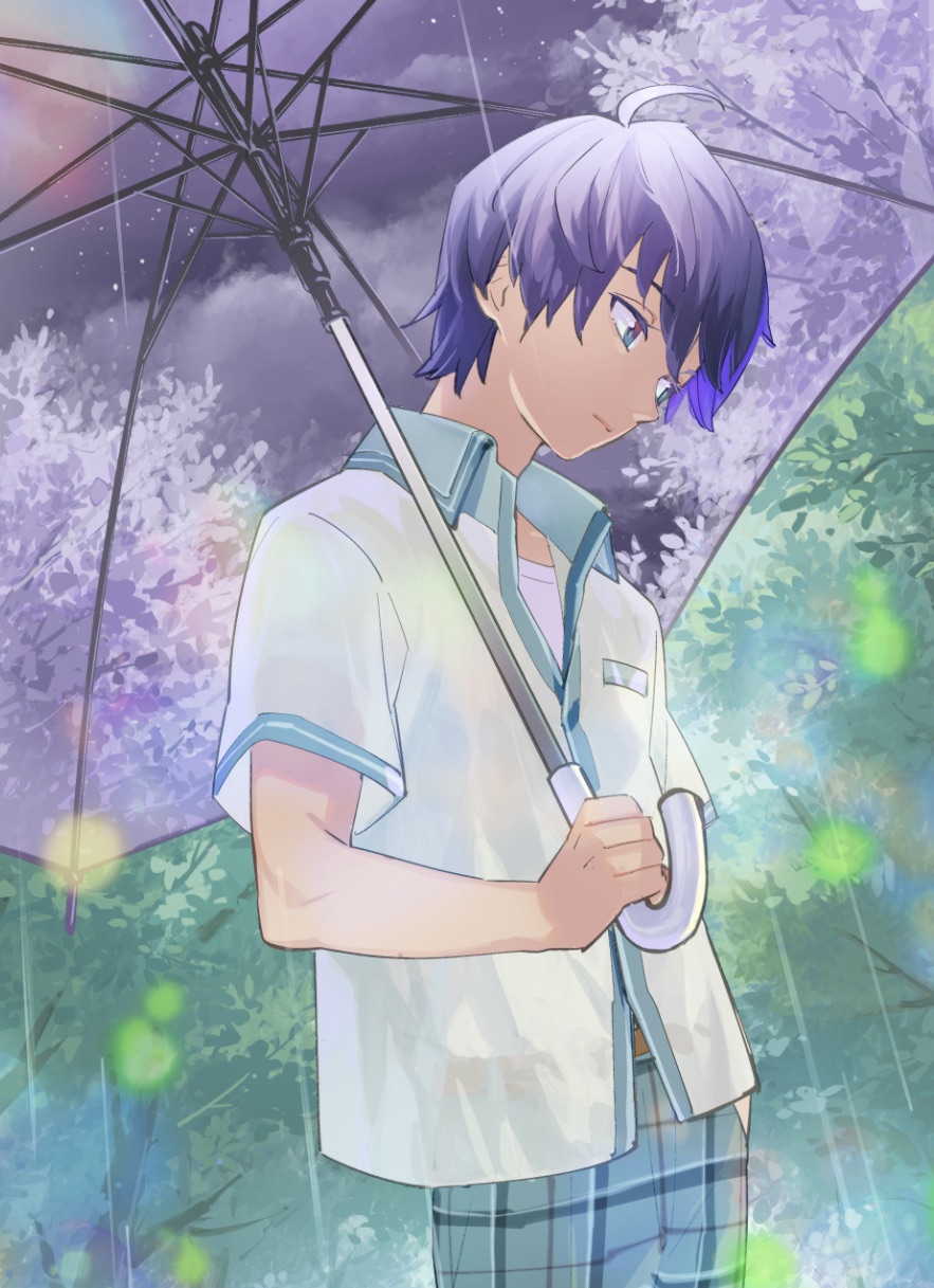 1boy, ahoge, ajpp6, asfeld_academy_school_uniform, blue_eyes, blue_hair, blue_pants, commentary_request