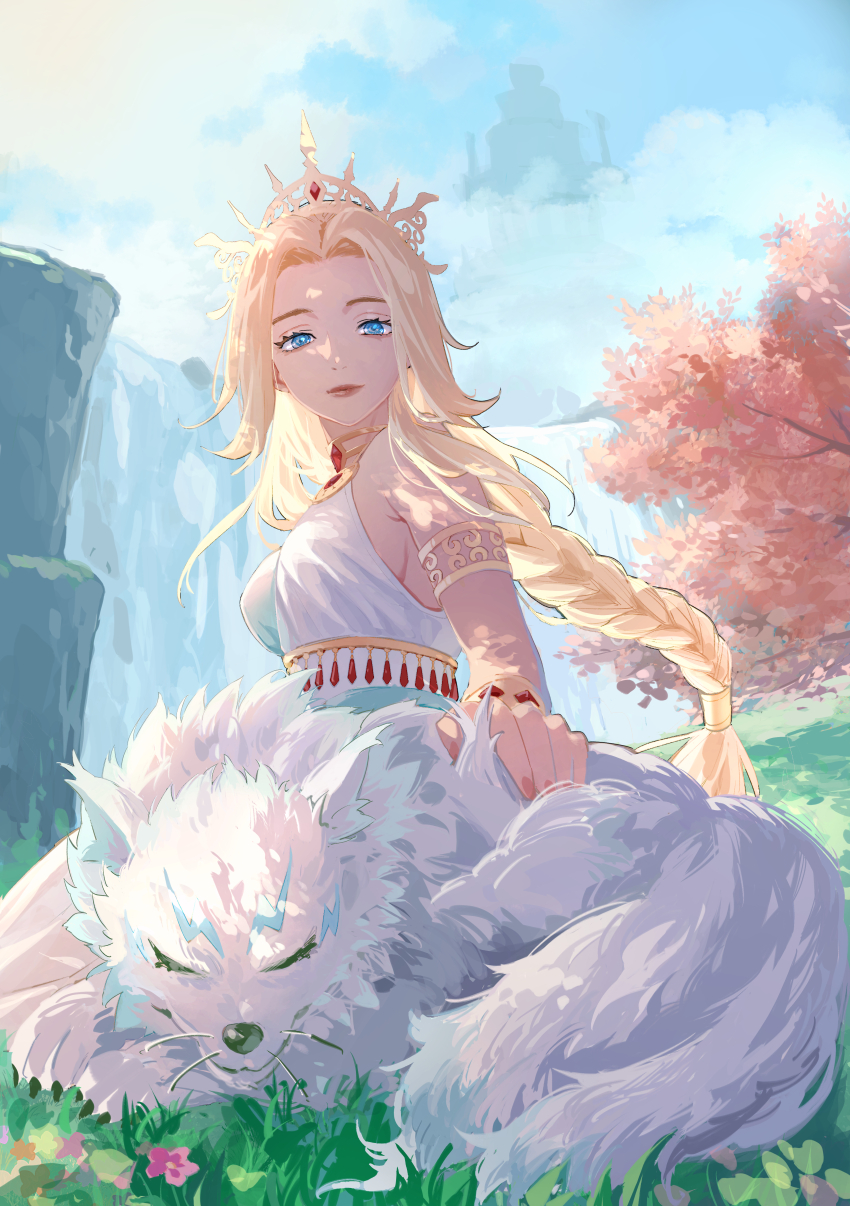 1boy, 1girl, absurdres, ajpp6, armlet, blonde_hair, blue_sky, bracelet, braid, breasts, cliff, commentary_request, day, dragon_quest, dragon_quest_x, dress, floating_hair, flower, gem, goddess_zenesia, gold_armlet, gold_bracelet, gold_tiara, grass, hand_on_animal, highres, jewelry, leaf, long_hair, looking_at_viewer, medium_breasts, on_ground, outdoors, parted_bangs, pink_flower, raki_(dq10), red_gem, sideboob, silhouette, single_braid, sitting, sky, tiara, tree, whiskers, white_dress, white_fur, wolf