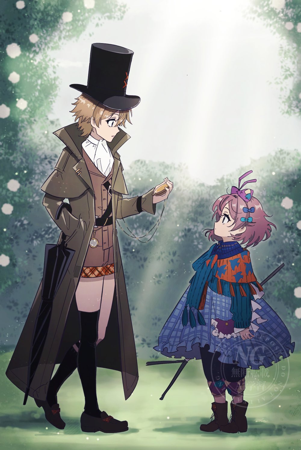 1boy, 1girl, ankle_boots, black_hat, black_socks, black_thighhighs, black_umbrella, blue_bow