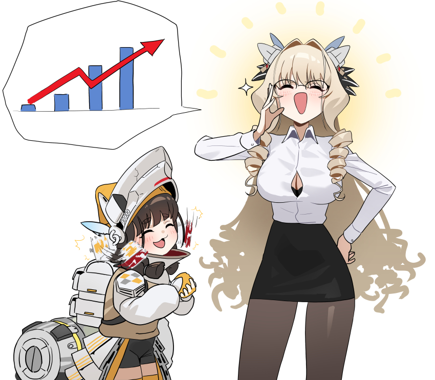 2girls, :3, ^_^, absurdres, alternate_costume, backpack, bag, bar_chart