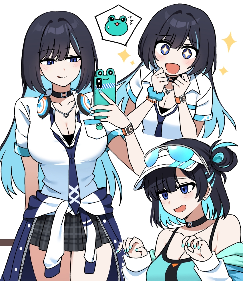 +_+, 1girl, ^^^, bare_shoulders, black_hair, black_skirt, black_survival, blue-tinted_eyewear