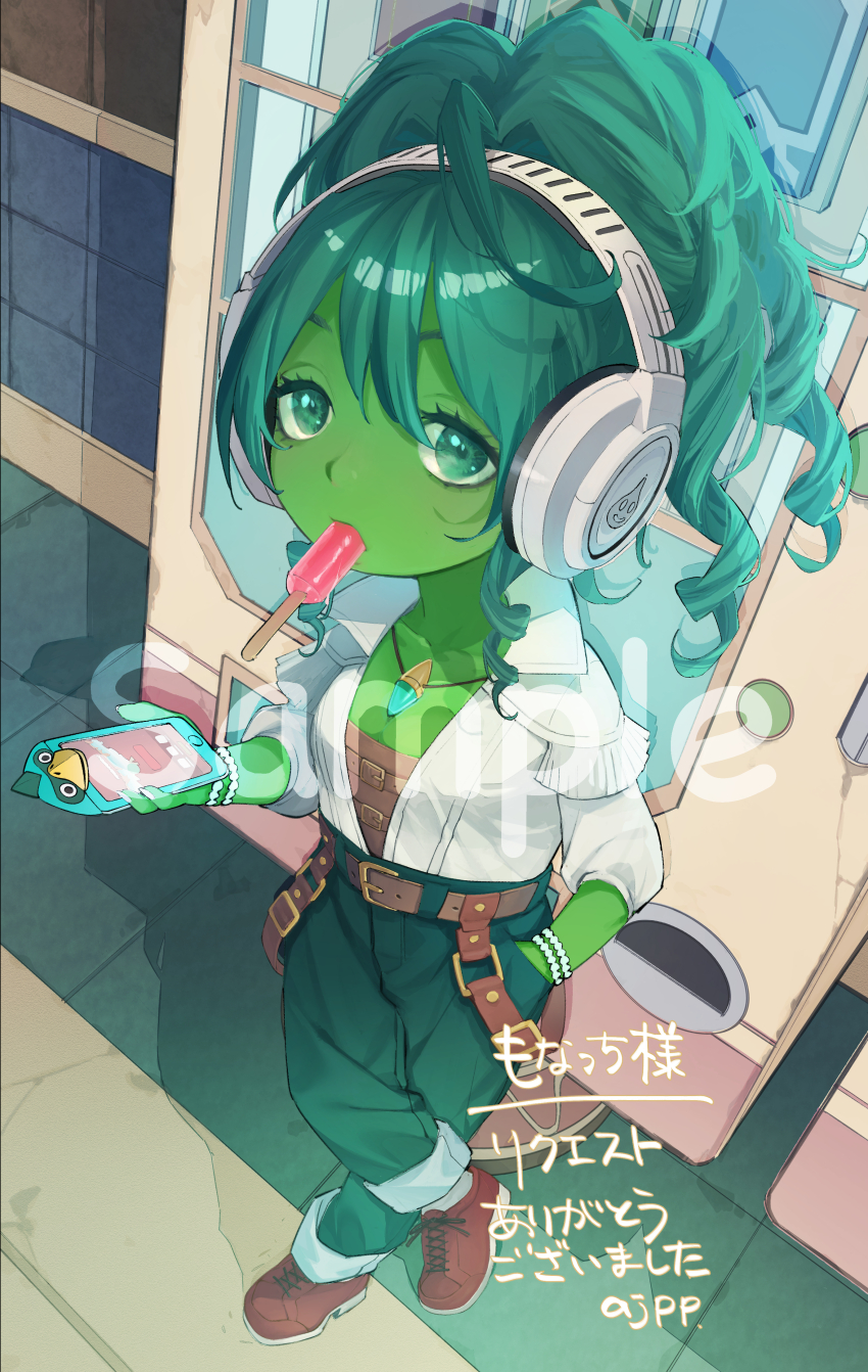 1girl, absurdres, ajpp6, aqua_eyes, aqua_hair, aqua_pants, bead_bracelet, beads