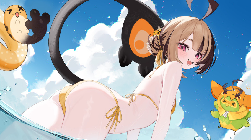 1girl, absurdres, ahoge, alternate_costume, alternate_hairstyle, ass, bikini, black_hair, blue_sky, blush, braid, brown_hair, bun_with_braided_base, cloud, cloudy_sky, commentary, english_commentary, from_side, gigi_murin, grem_(gigi_murin), hair_bun, halterneck, highres, hololive, hololive_english, hoshi_usagi, huge_ahoge, looking_at_viewer, multicolored_hair, ocean, open_mouth, outdoors, pink_eyes, popo_(gigi_murin), side-tie_bikini_bottom, single_hair_bun, sky, smile, string_bikini, swimsuit, tail, two-tone_hair, virtual_youtuber, wading, water, wet, yellow_bikini