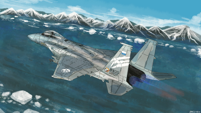 1boy, absurdres, ace_combat, ace_combat_7, afterburner, aim-9_sidewinder, air-to-air_missile, aircraft, airplane, canopy_(aircraft), claw_mark, cockpit, commentary_request, day, f-15_eagle, fighter_jet, flight_suit, fox, gun, gun_in_mouth, handgun, helmet, highres, iceberg, military_vehicle, missile, mountainous_horizon, ocean, osean_flag, outdoors, pilot, pilot_helmet, revolver, roundel, shinji_(shinjisq), signature, sin_lines, sky, solo, trigger_(ace_combat), vehicle_focus, water, weapon