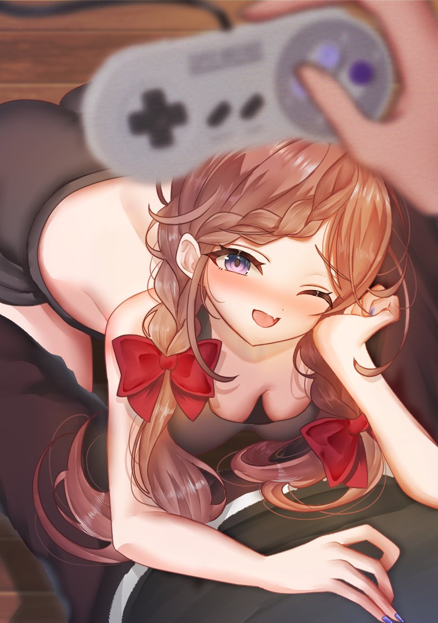 ass, black_pants, black_shirt, black_shorts, blurry, blurry_foreground, bow, braid