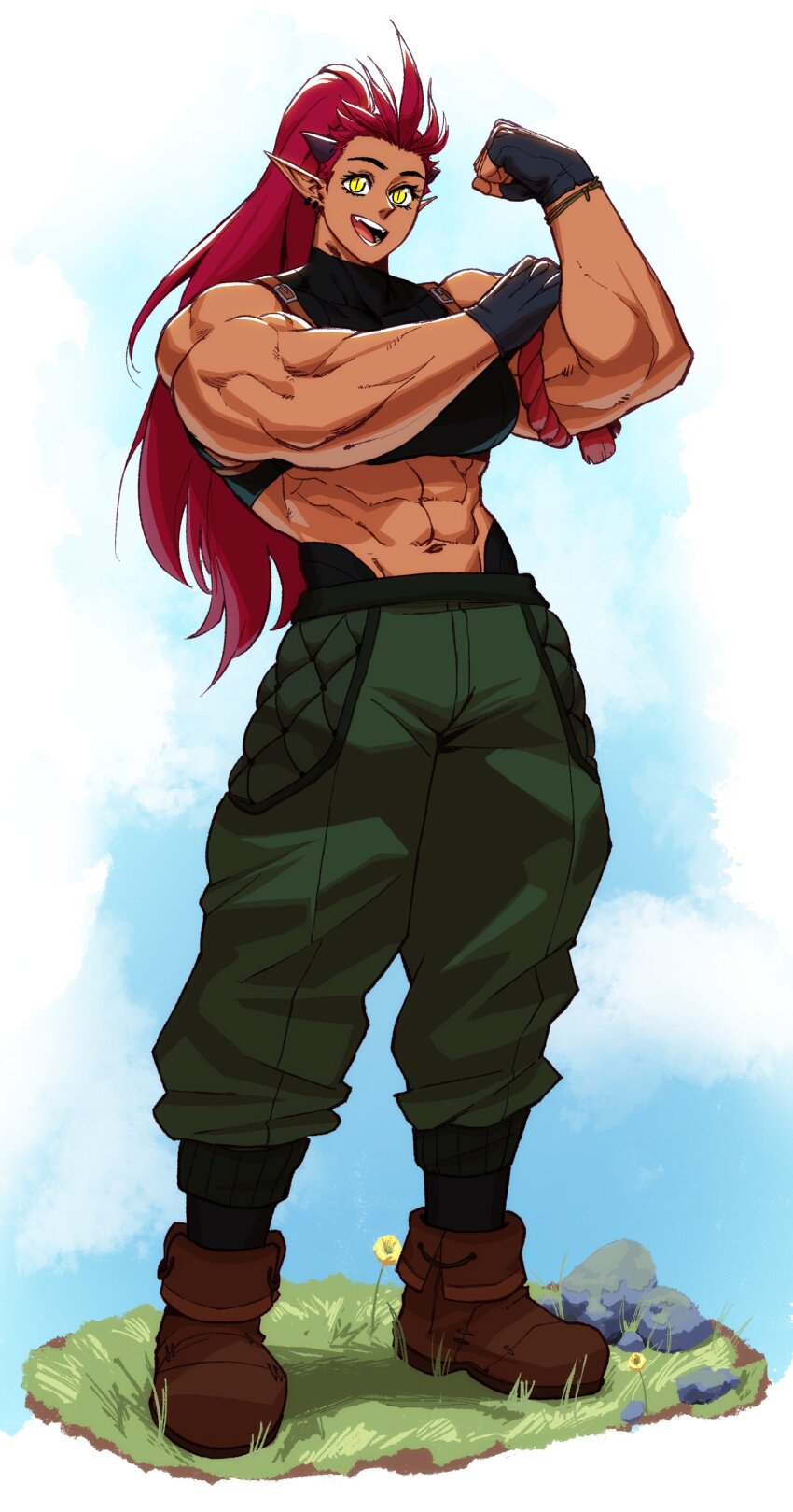 1girl, abs, absurdres, ali_(sotcho), armlet, biceps, black_tank_top, blue_sky