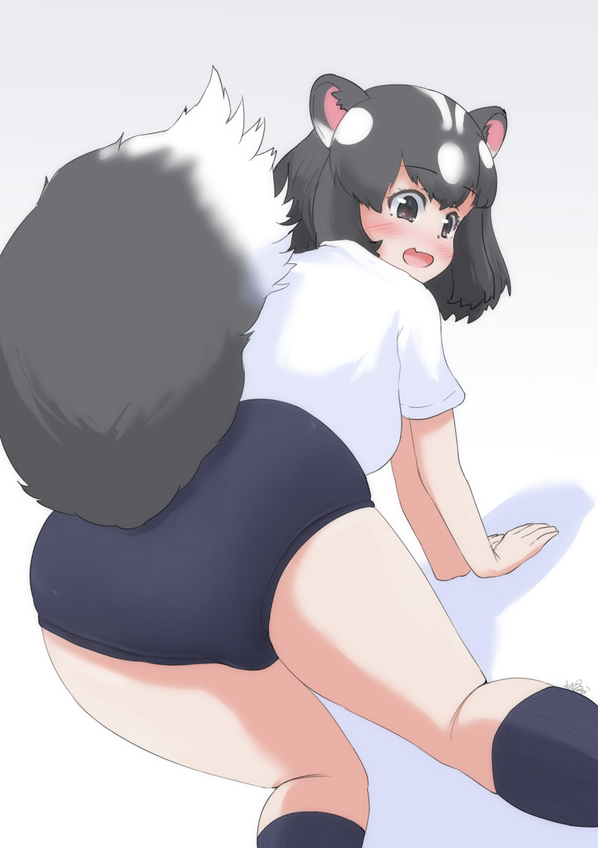 1girl, :d, all_fours, animal_ears, ass, black_eyes, black_hair, black_socks