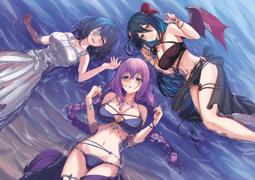 3girls, bikini, black_bikini, black_hair, black_nails, black_sarong, blue_eyes, blush